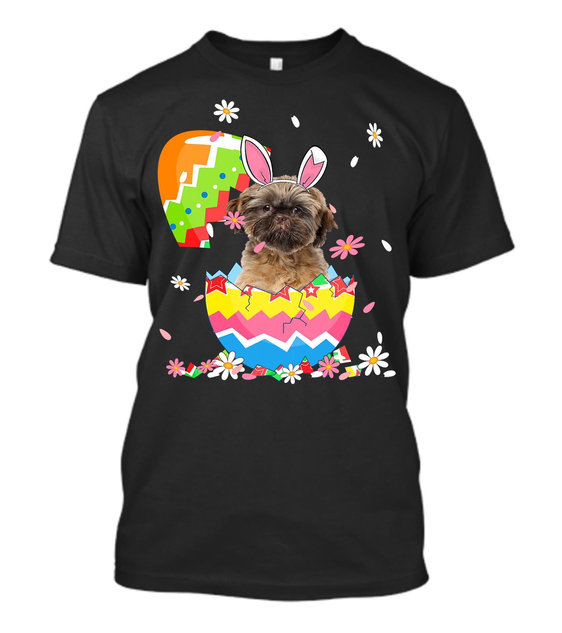 Cute Shih Tzu Easter Day Dog Dad Dog Mom With Bunny Ears And Colorful Egg T-Shirt