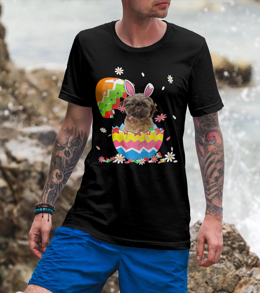 Cute Shih Tzu Easter Day Dog Dad Dog Mom With Bunny Ears And Colorful Egg T-Shirt
