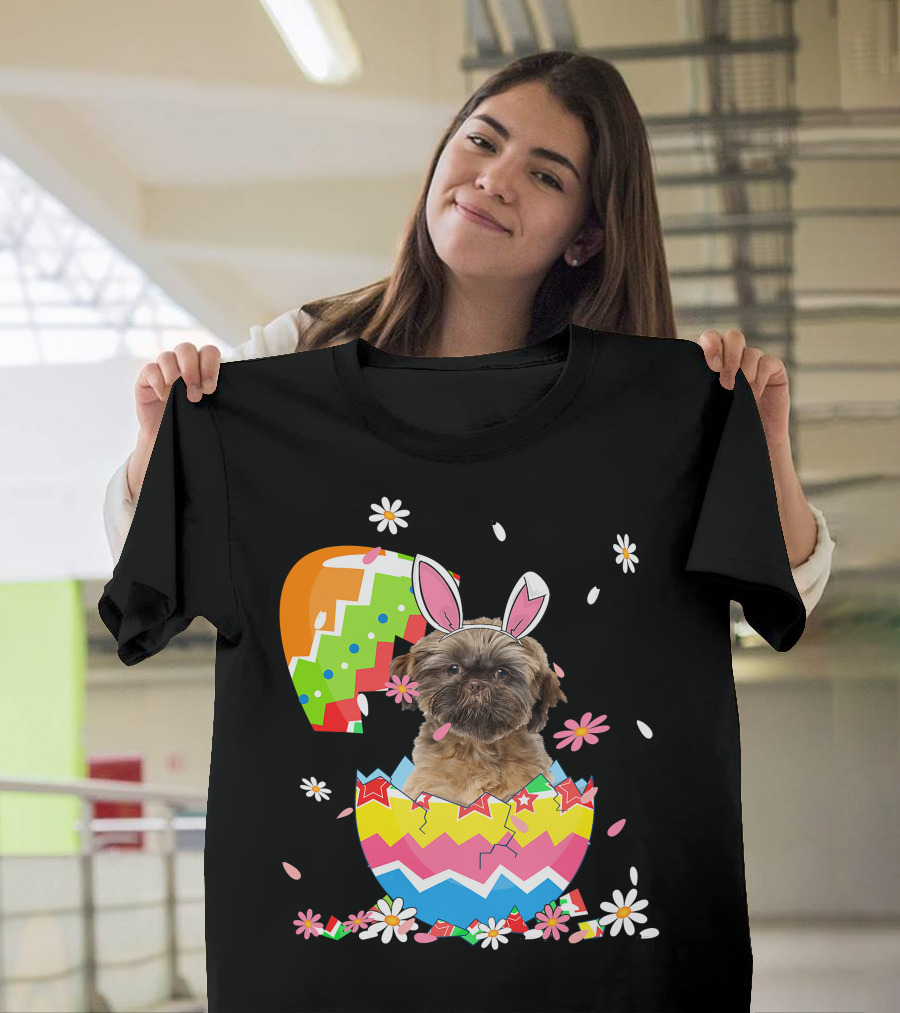 Cute Shih Tzu Easter Day Dog Dad Dog Mom With Bunny Ears And Colorful Egg T-Shirt