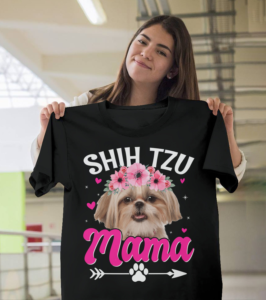 Shih Tzu Mama With Flower Crown Hearts T-Shirt