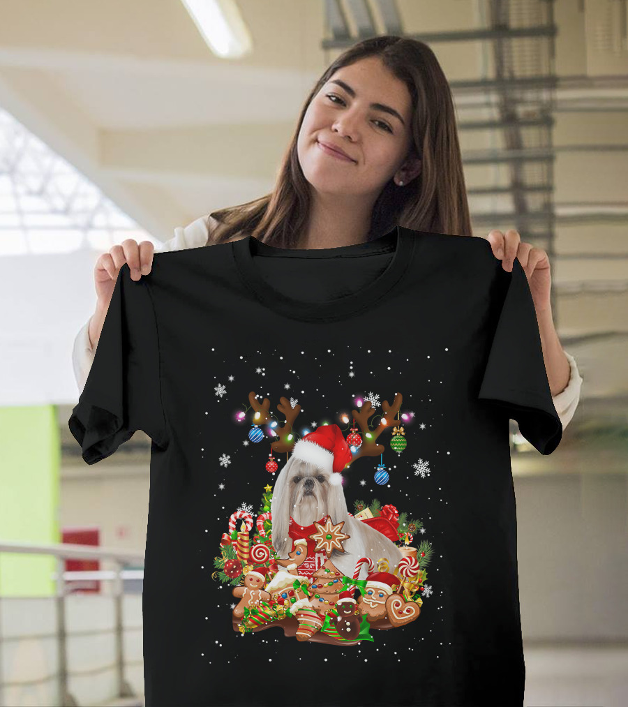 Cute Shih Tzu Reindeer Christmas Lighting Santa Xm Gingerbread Candy Cane Ornaments T-Shirt