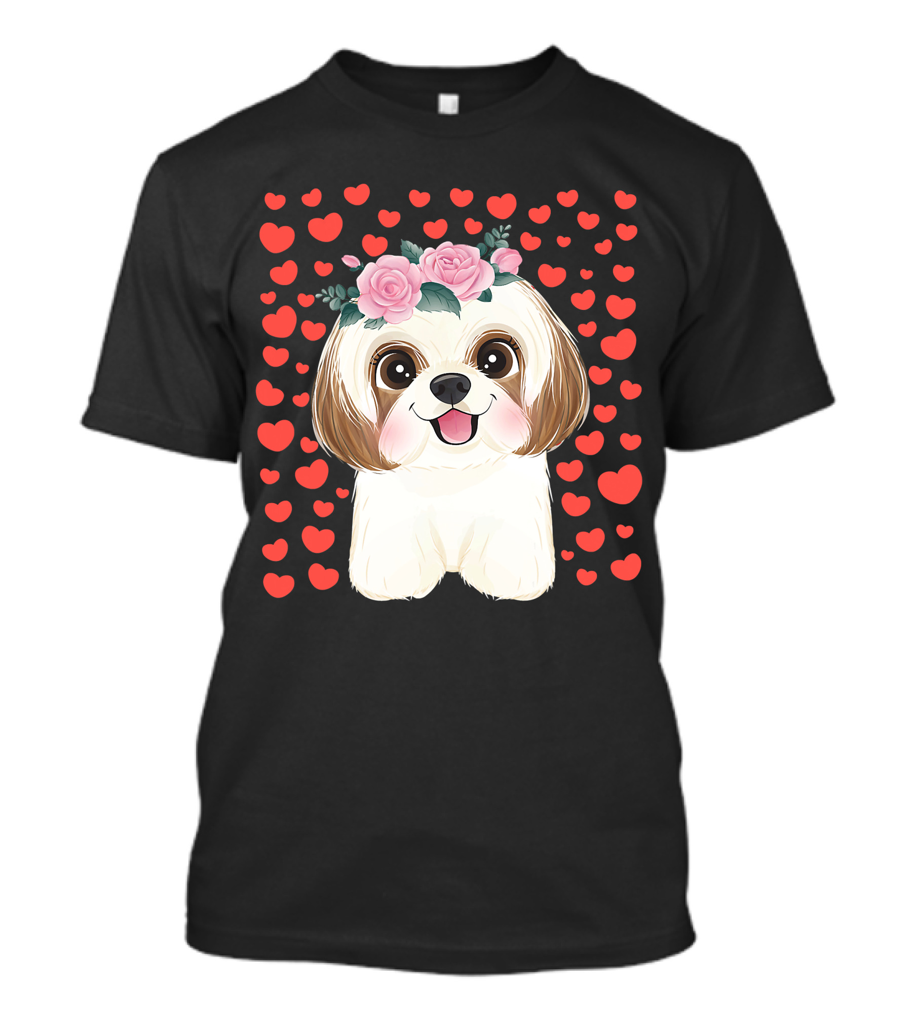 Cute Shih Tzu Valentine's Day Red Hearts Dog Flowers T-Shirt