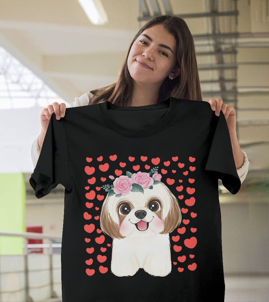 Cute Shih Tzu Valentine's Day Red Hearts Dog Flowers T-Shirt