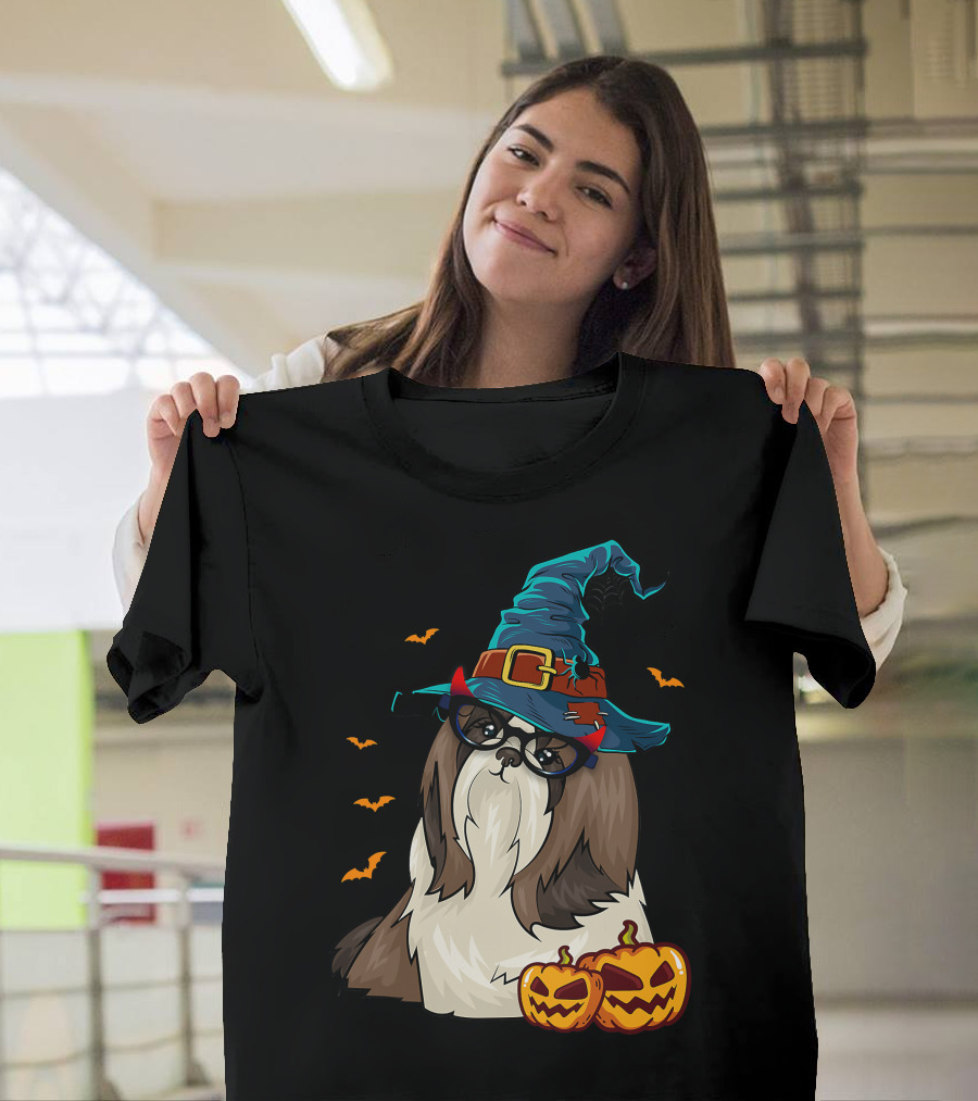 Cute Shih Tzu Glasses Witch Hat Halloween Pumpkins Bats T-Shirt