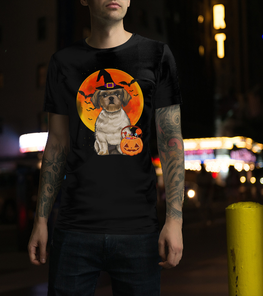 Shih Tzu Dog Halloween Jack O Lantern Pumpkin With Bats And Witch Hat T-Shirt