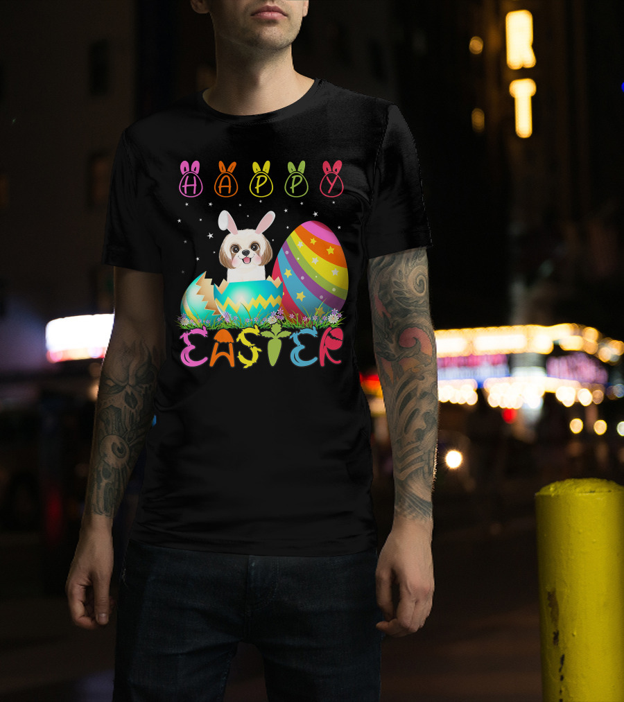 Happy Easter Day Shih Tzu Dog In Colorful Egg Matching T-Shirt