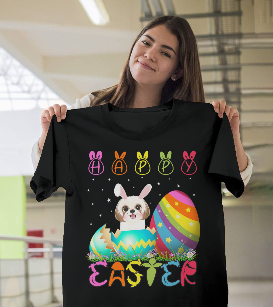 Happy Easter Day Shih Tzu Dog In Colorful Egg Matching T-Shirt