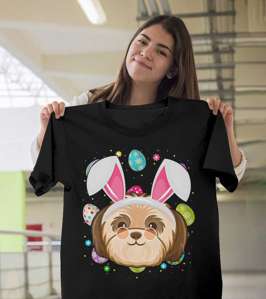 Easter Egg Lover Bunny Ear Shih Tzu Dog Face Easter T-Shirt