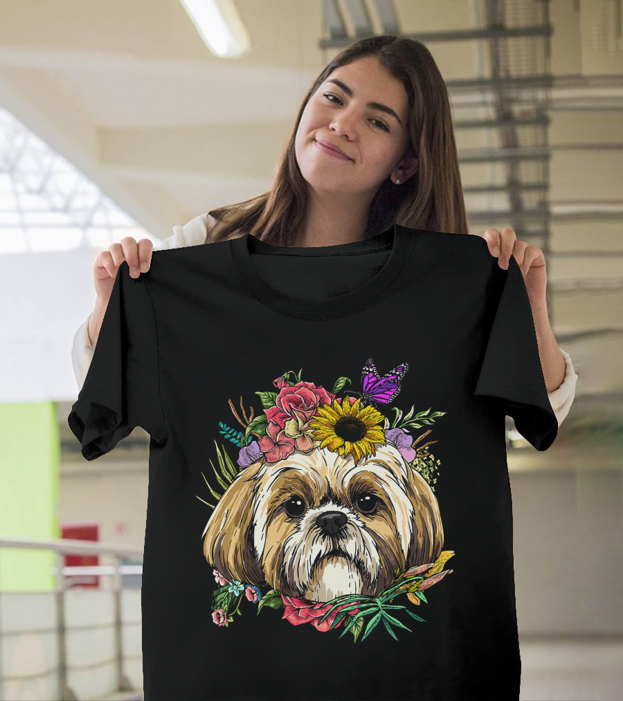 Floral Shih Tzu Dog with Butterfly and Spring Flowers for Nature and Shih Tzu Lovers T-Shirt