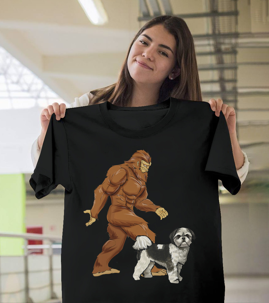 Funny Bigfoot Walking Shih Tzu Sasquatch Dog Comic T-Shirt