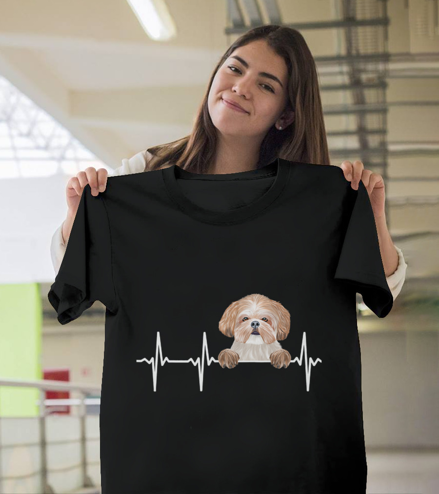 Heartbeat Line with Cute Shih Tzu Illustration for Funny Dog Lovers T-Shirt