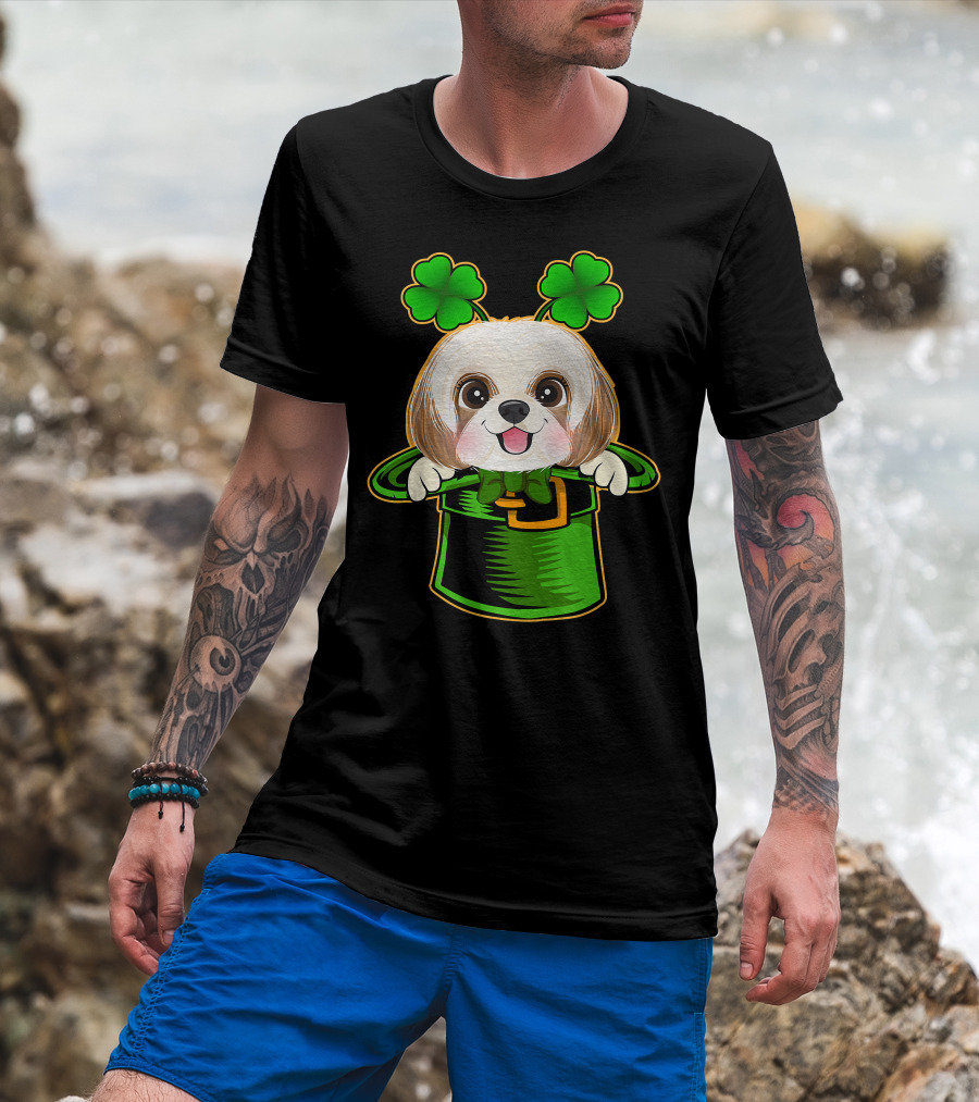 Leprechaun Hat Shih Tzu Dog With Green Clover Antennae T-Shirt