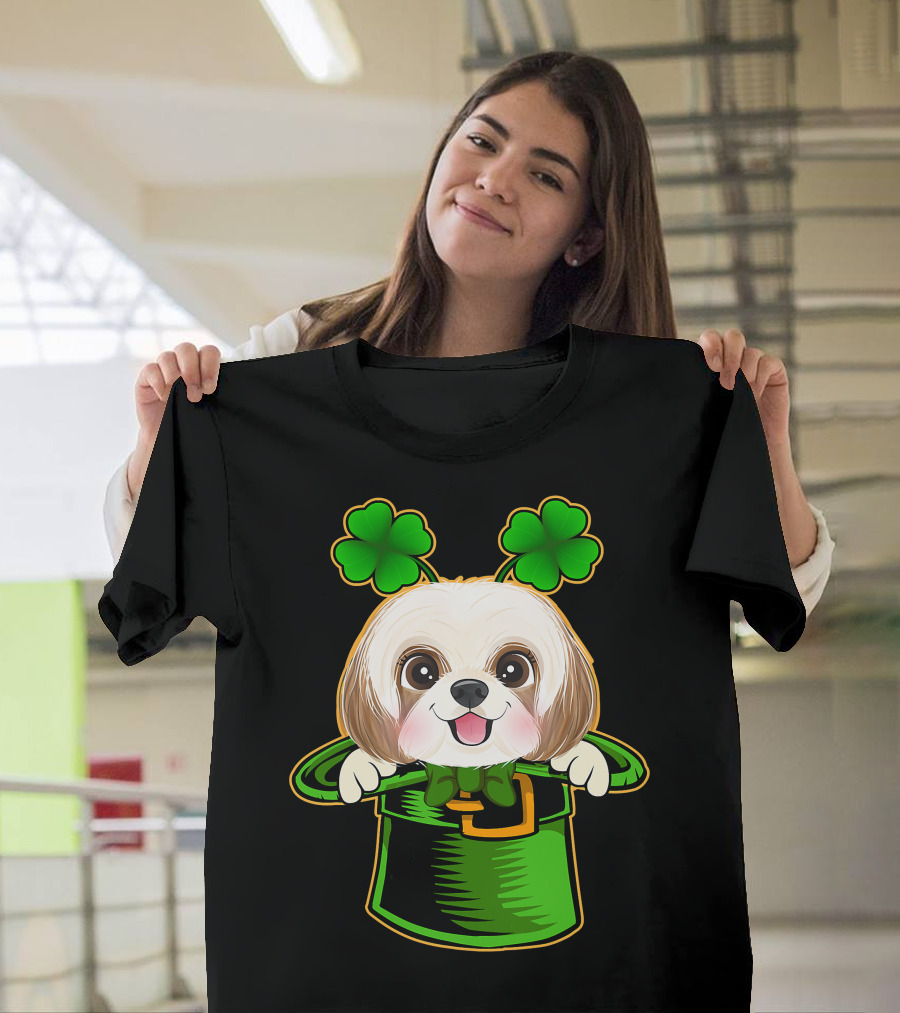 Leprechaun Hat Shih Tzu Dog With Green Clover Antennae T-Shirt