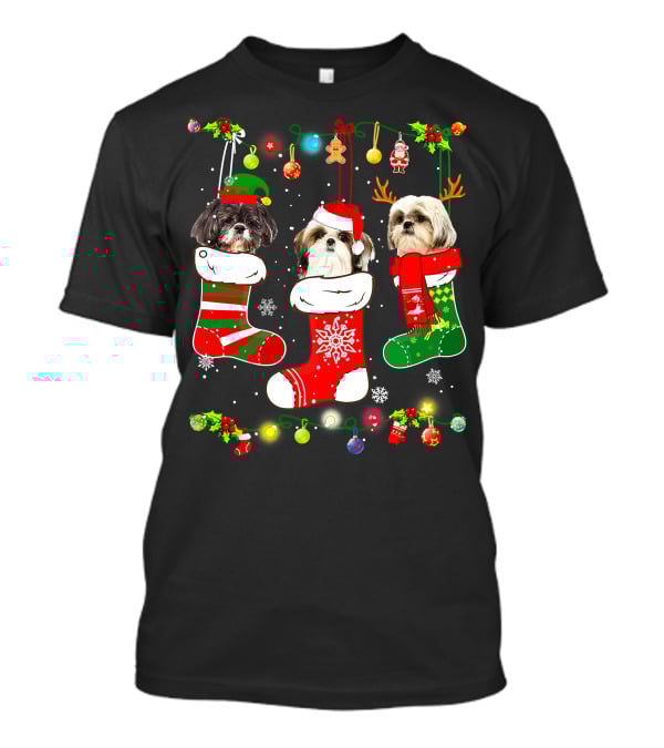 Shih Tzu Dogs In Christmas Stockings With Santa Hats And Christmas Lights T-Shirt