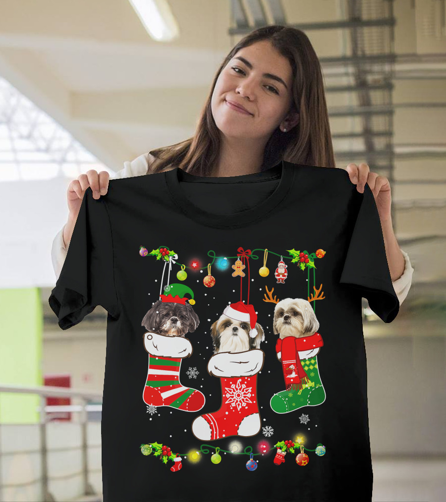 Shih Tzu Dogs In Christmas Stockings With Santa Hats And Christmas Lights T-Shirt