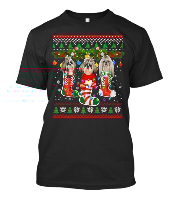 Shih Tzu Dogs Christmas Holiday Socks With Lights And Ornaments T-Shirt