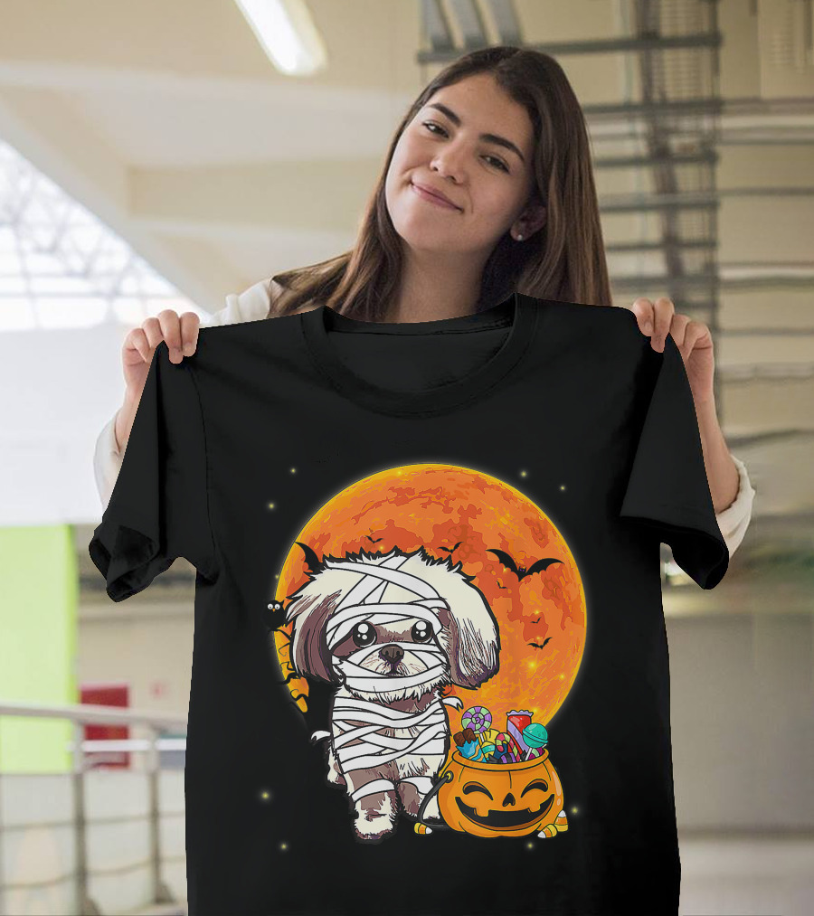 Shih Tzu Mummy Halloween Costume With Pumpkin Candy Bucket And Full Moon T-Shirt