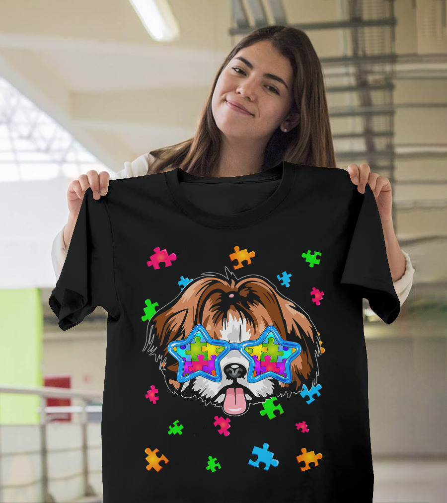 Funny Shih Tzu Star Glasses Puzzle Autism Awareness T-Shirt