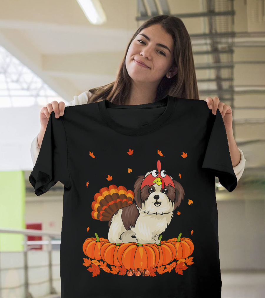 Shih Tzu Dressed as Turkey with Pumpkins and Autumn Leaves Thanksgiving Fun T-Shirt
