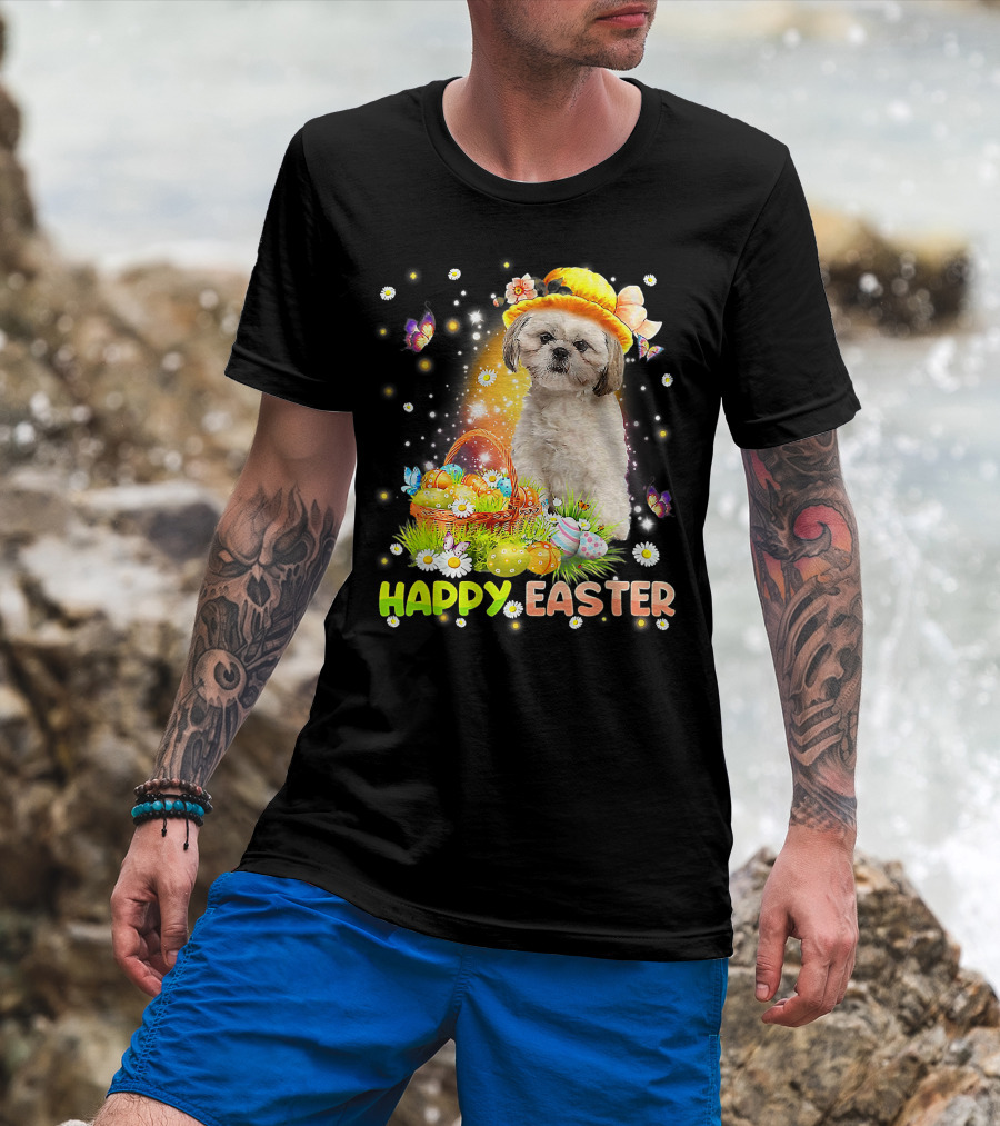 Happy Easter Cute Bunny Dog Shih Tzu With Eggs Basket And Butterflies T-Shirt
