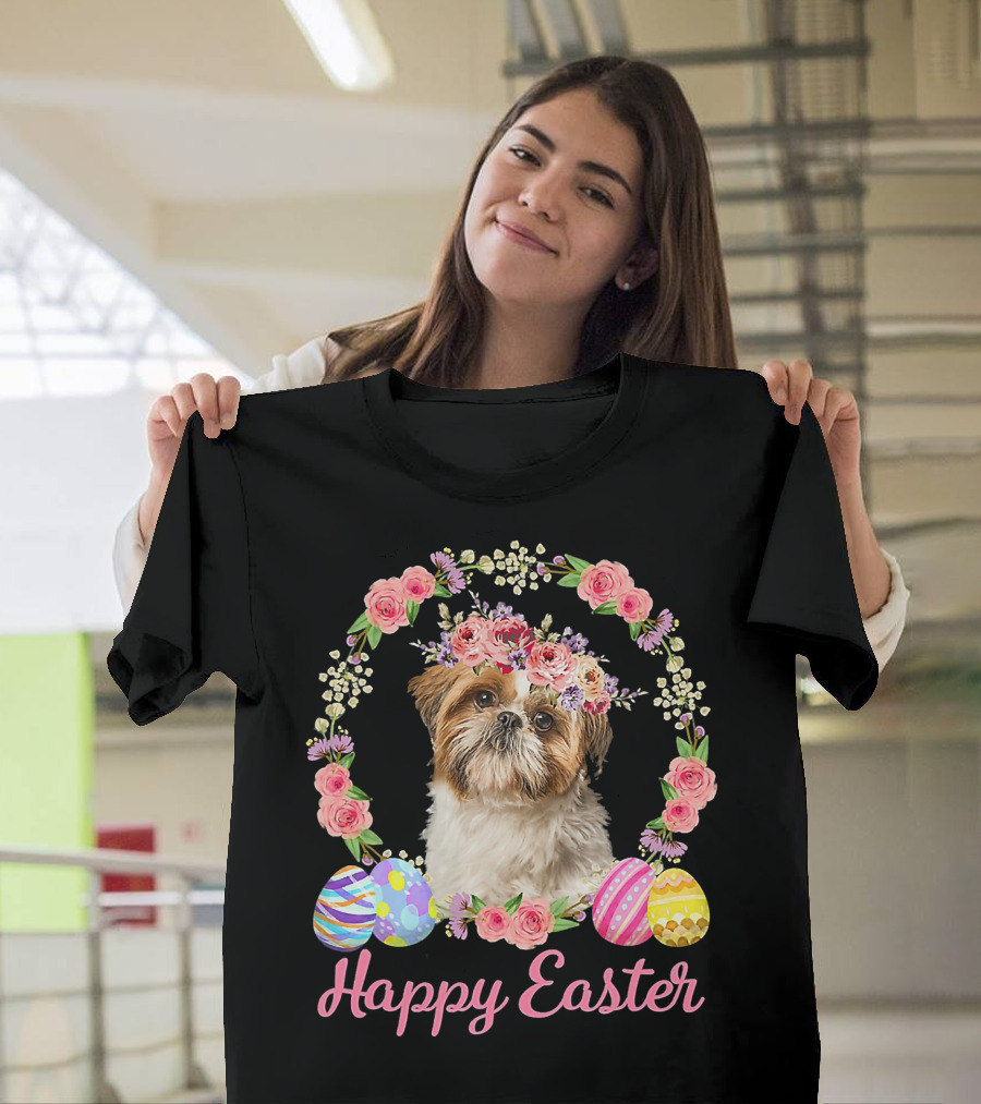 Happy Easter Shih Tzu Dog Flower Wreath With Decorative Eggs T-Shirt