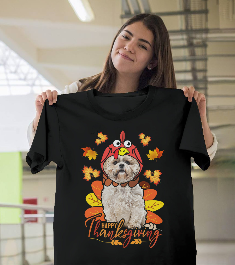 Happy Thanksgiving Shih Tzu Dog In Turkey Costume With Autumn Leaves T-Shirt