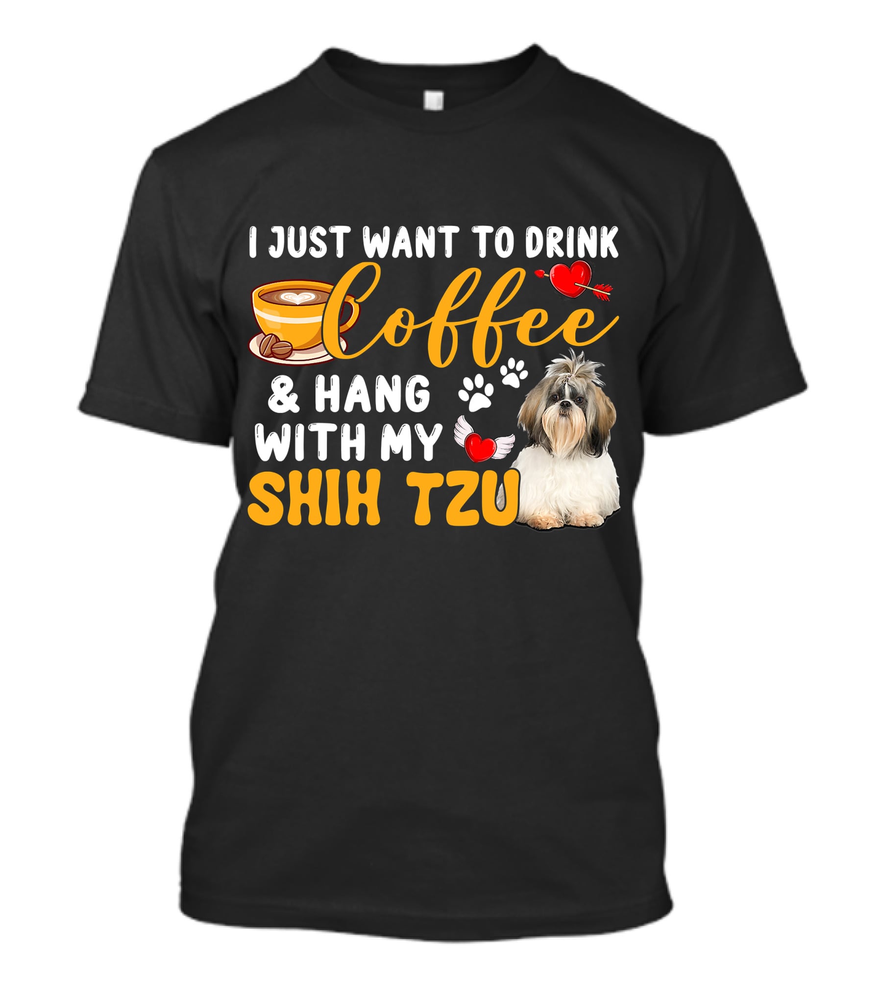 Coffee Lover Shih Tzu With Hearts And Wings T-Shirt