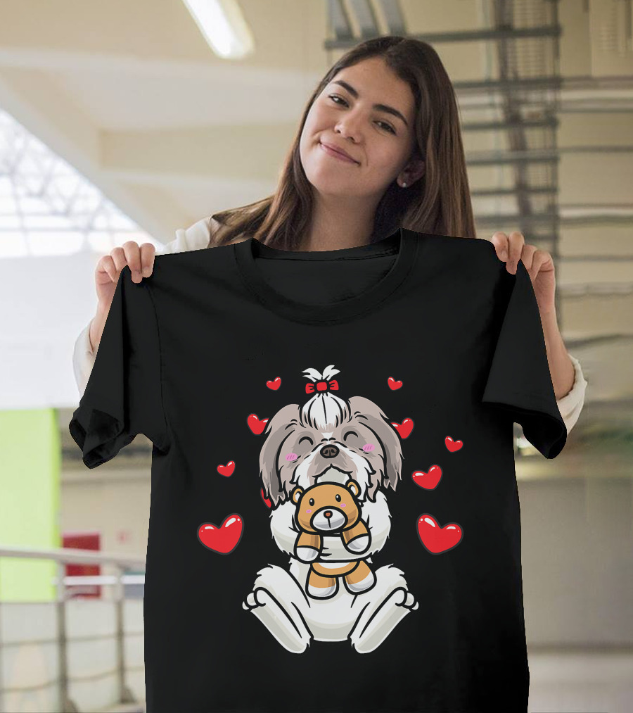 Kawaii Shih Tzu Holding Stuffed Animal Surrounded By Hearts T-Shirt
