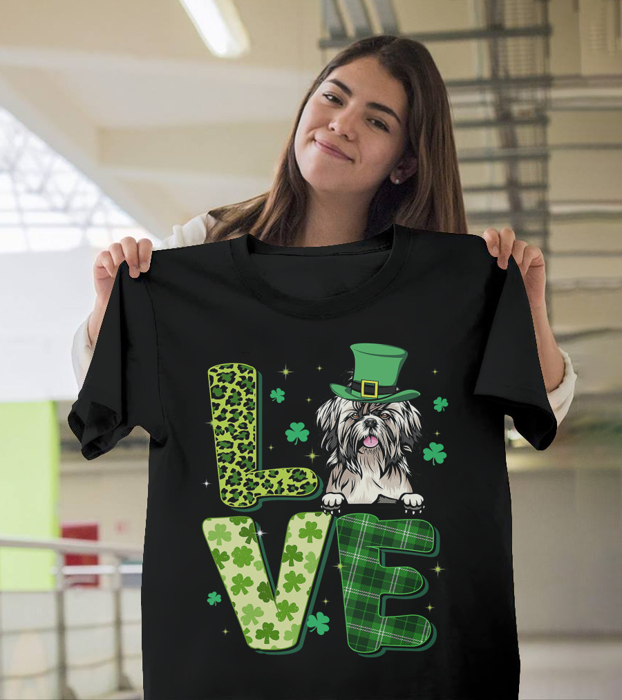 Love Shih Tzu Leopard Plaid Shamrock St Patrick's Day T-Shirt