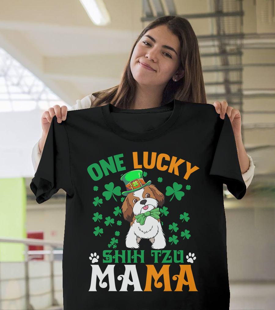 One Lucky Shih Tzu Mama St Patricks Day Green Hat Shamrocks T-Shirt
