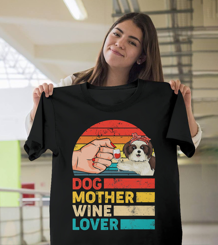 Dog Mother Wine Lover Shih Tzu Retro T-Shirt