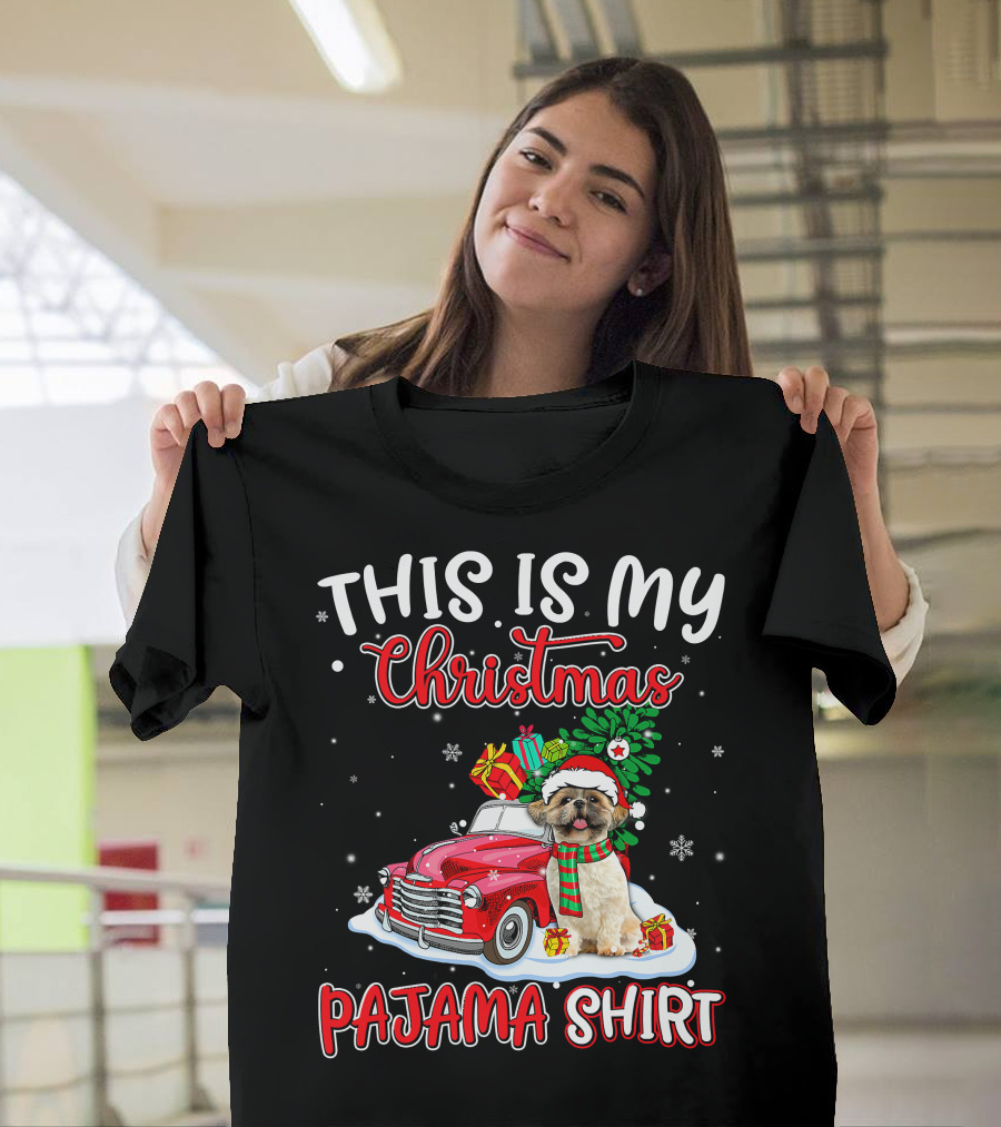 Retro Christmas Pajama Shih Tzu Santa Hat Presents Vintage Car T-Shirt