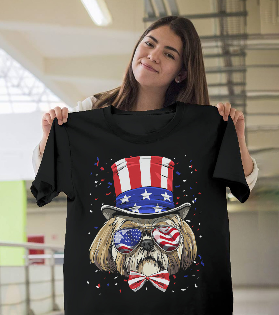 Shih Tzu Fourth of July American Dog in USA Flag Hat and Glasses T-Shirt