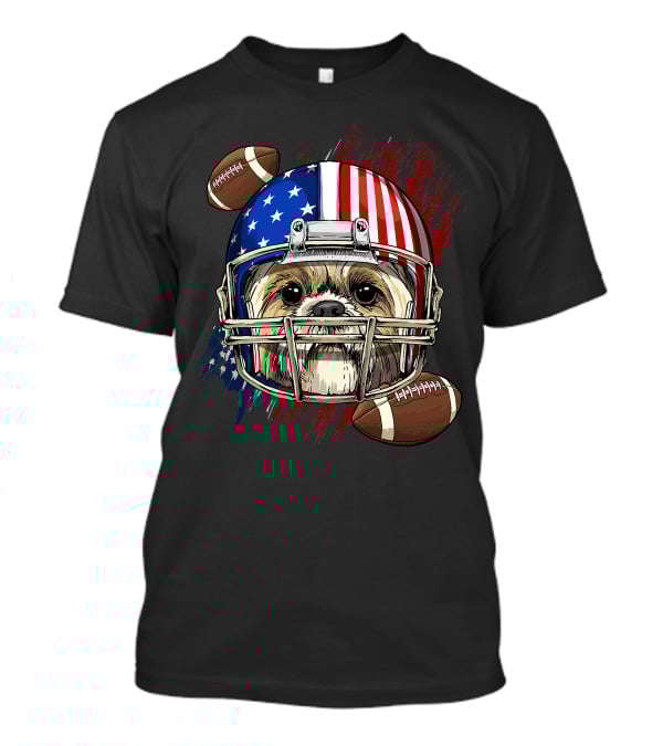 Shih Tzu In American Football Helmet With USA Flag And Footballs T-Shirt