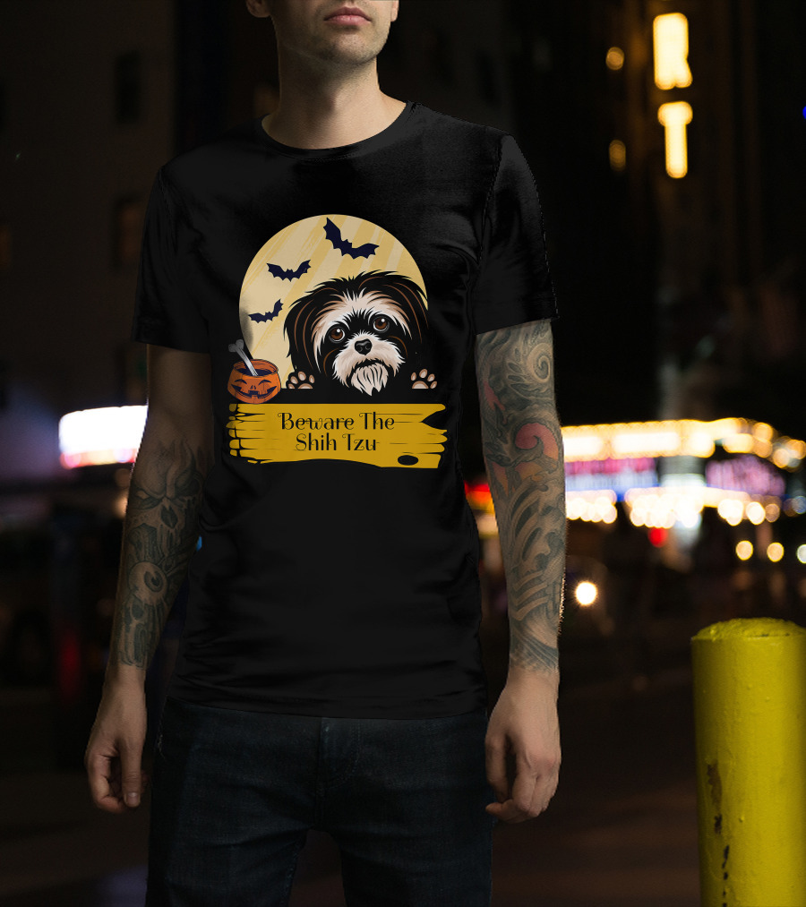 Beware The Shih Tzu Halloween Bats Moon Pumpkin T-Shirt
