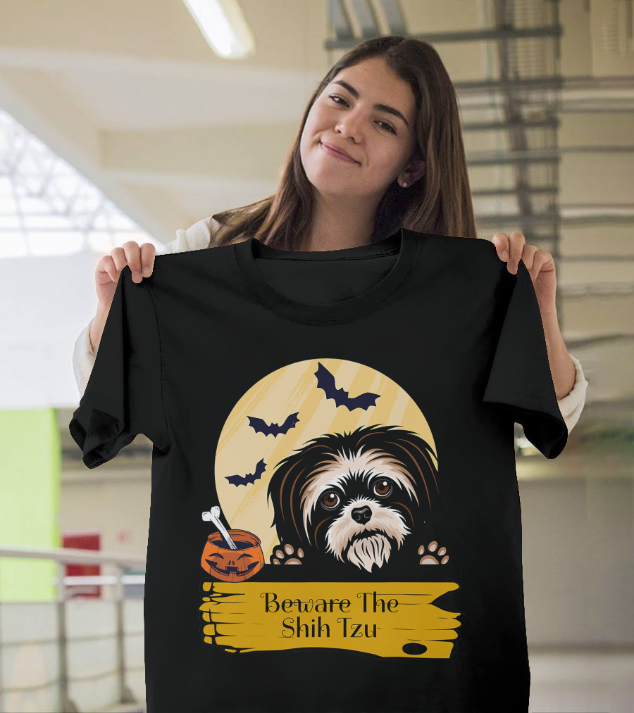 Beware The Shih Tzu Halloween Bats Moon Pumpkin T-Shirt