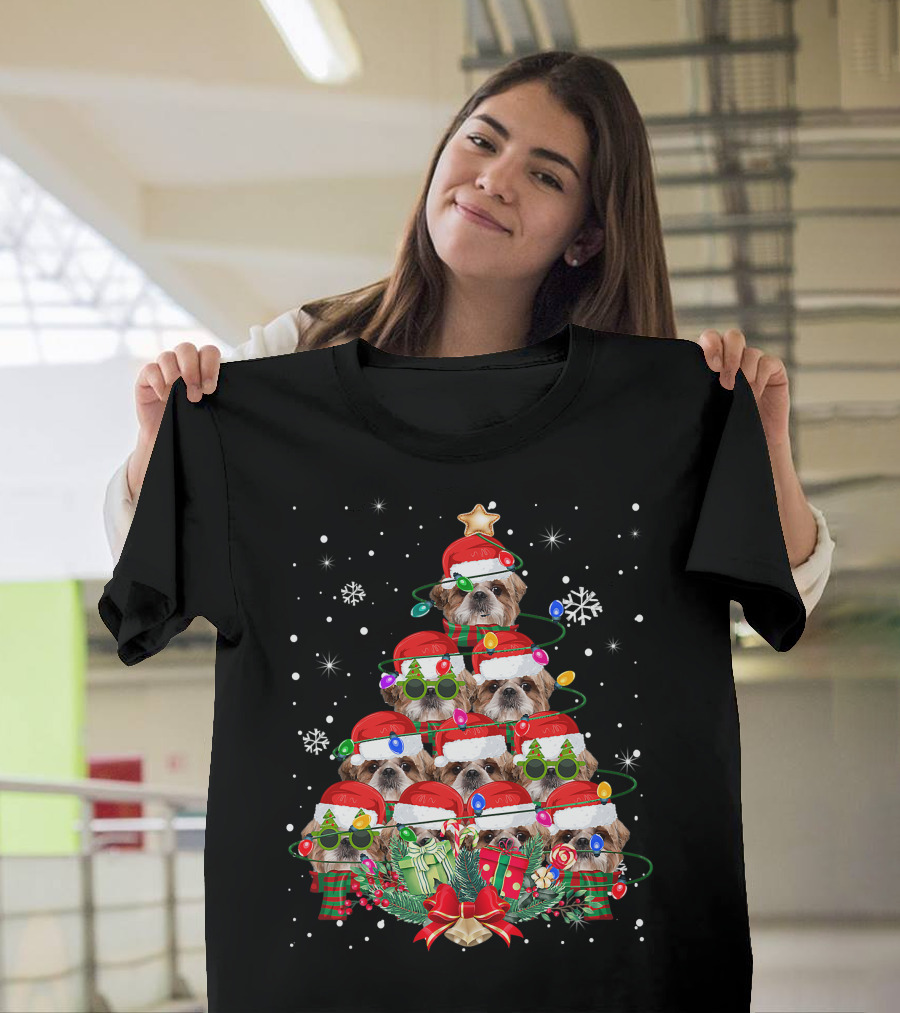 Shih Tzu Christmas Tree with Santa Hats and Lights Family Pajamas T-Shirt