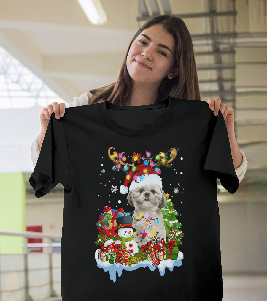 Shih Tzu Christmas Santa Hat Reindeer Antlers Lights Snowman Gifts Tree T-Shirt