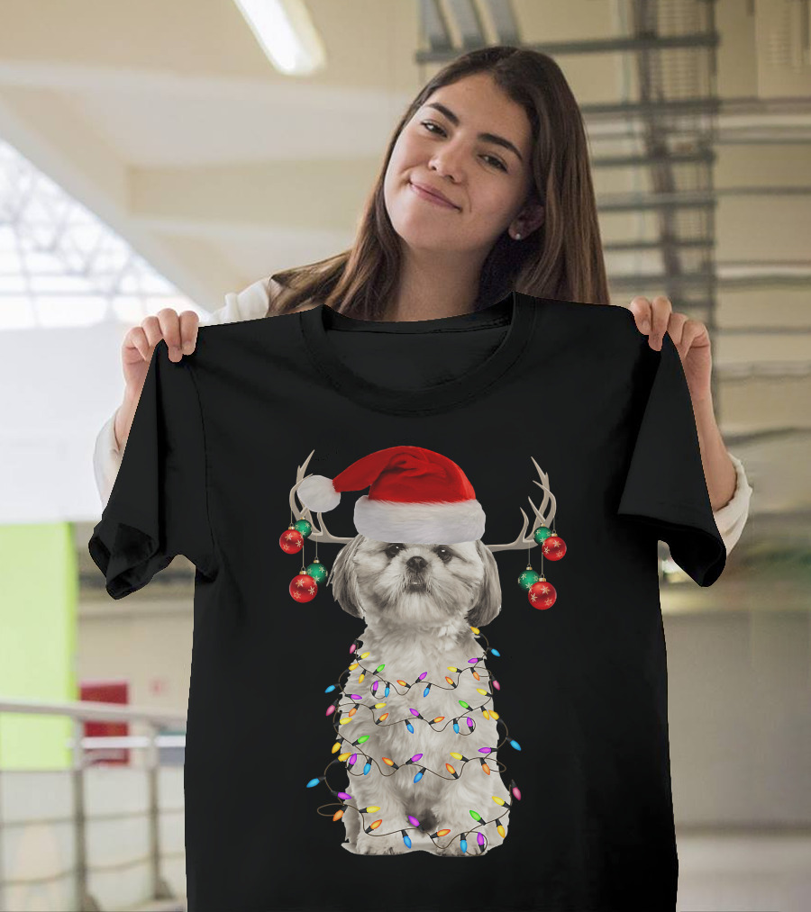 Shih Tzu Christmas Tree Santa Hat with Lights and Antlers T-Shirt
