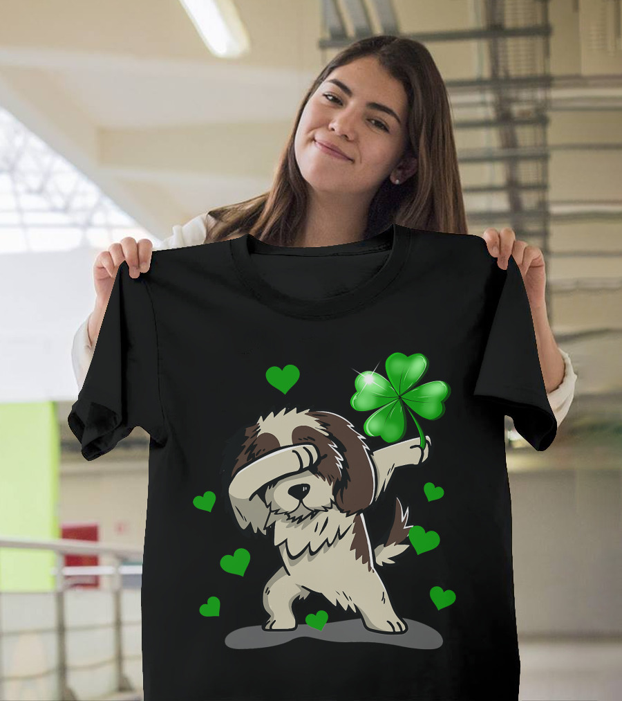 Shih Tzu Dabbing With Green Shamrock And Hearts T-Shirt