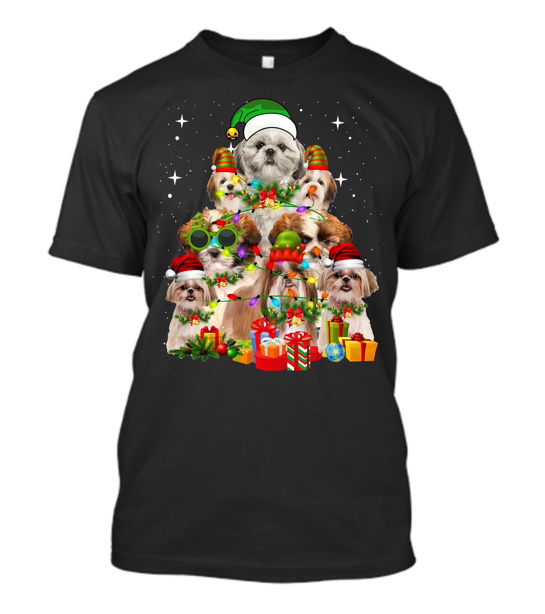 Shih Tzu Dog Christmas Tree With Presents And Santa Hats T-Shirt