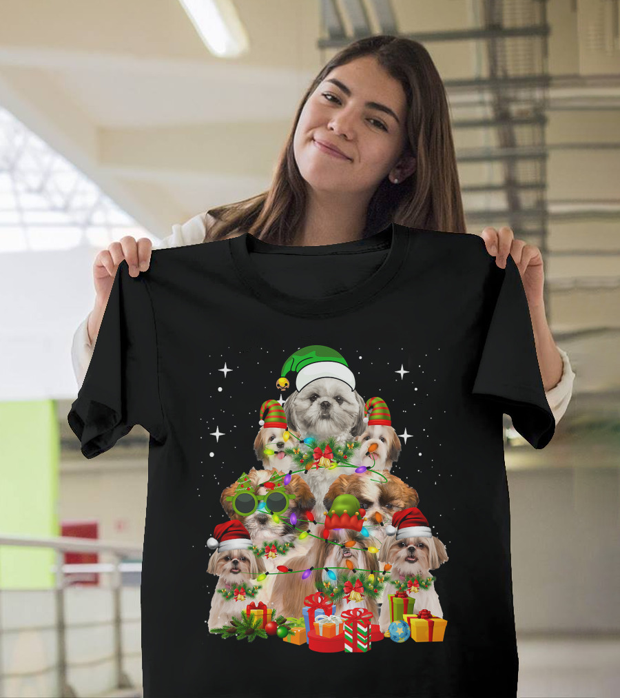 Shih Tzu Dog Christmas Tree With Presents And Santa Hats T-Shirt