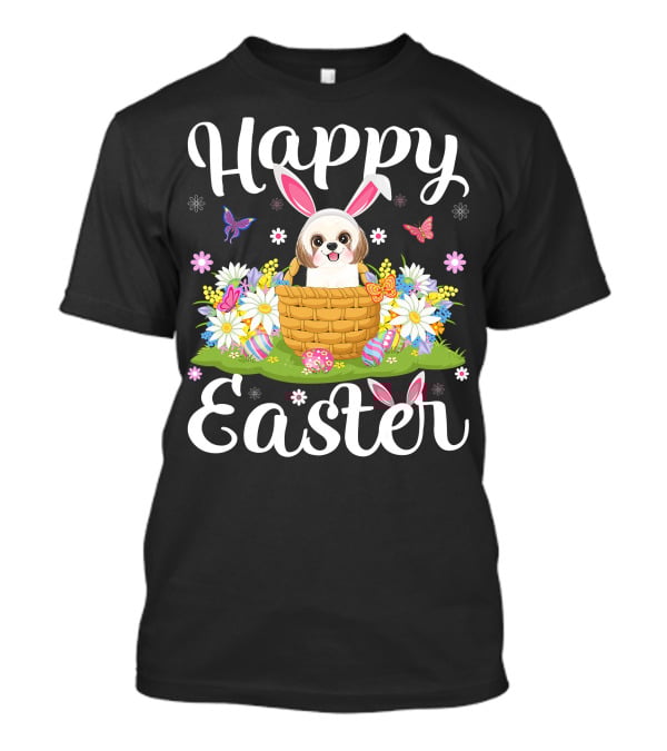 Shih Tzu Dog With Bunny Ears In Easter Egg Basket With Flowers And Butterflies T-Shirt