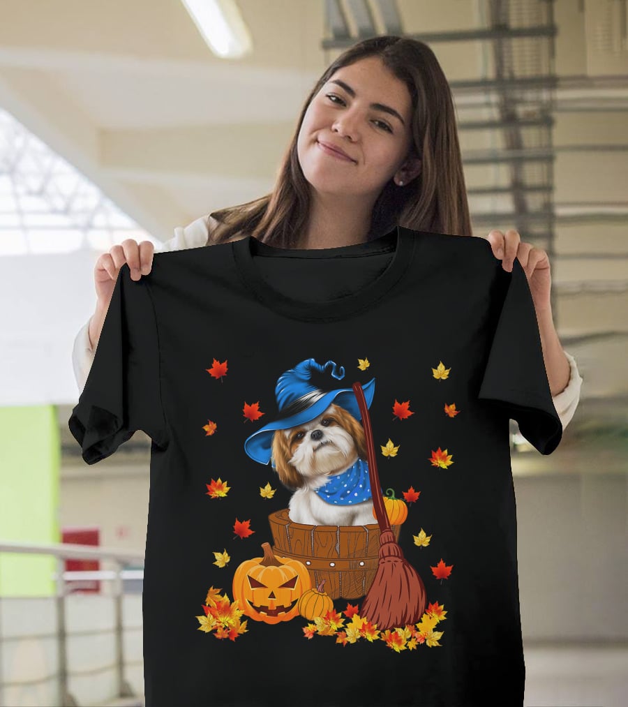 Shih Tzu Dog In Witch Hat Surrounded By Pumpkins And Leaves For Halloween T-Shirt