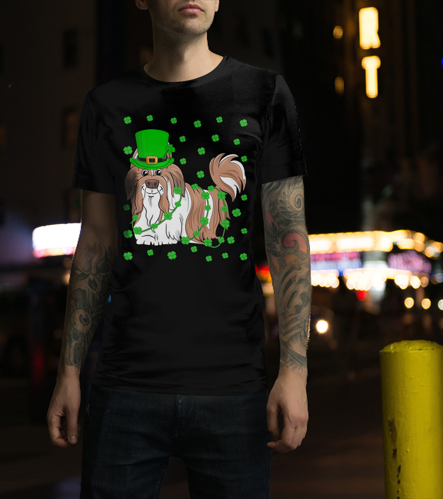 Shih Tzu Dog Lover St. Patrick's Day Leprechaun Hat And Clover T-Shirt