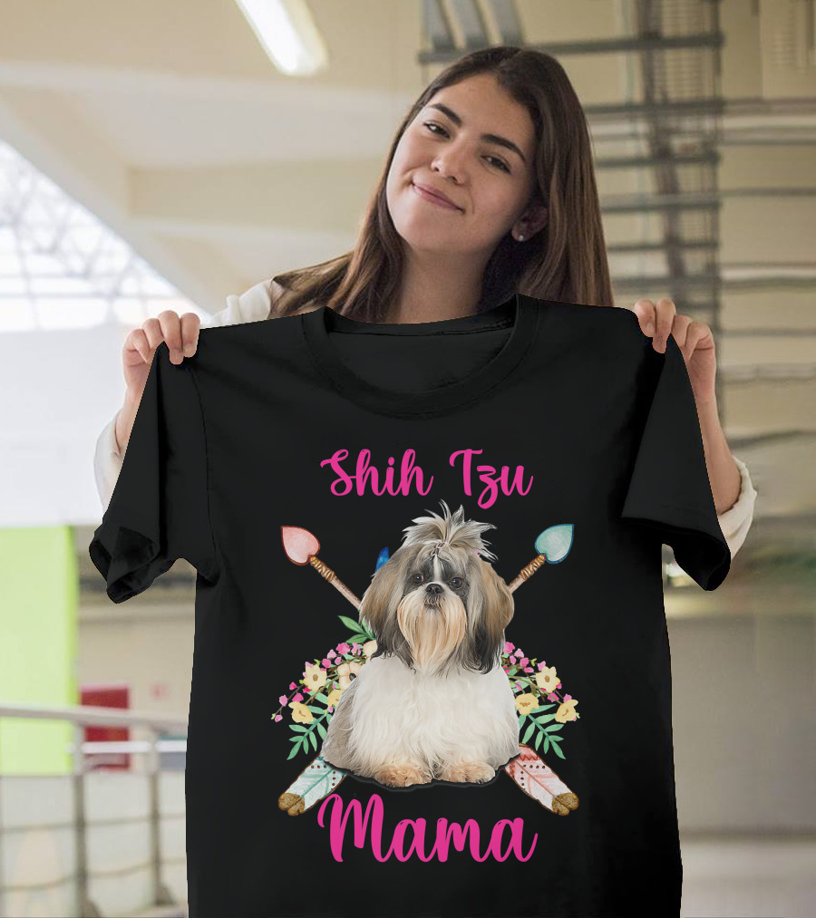 Shih Tzu Mama Cute Mama Dog Lover With Floral And Arrow Accents T-Shirt