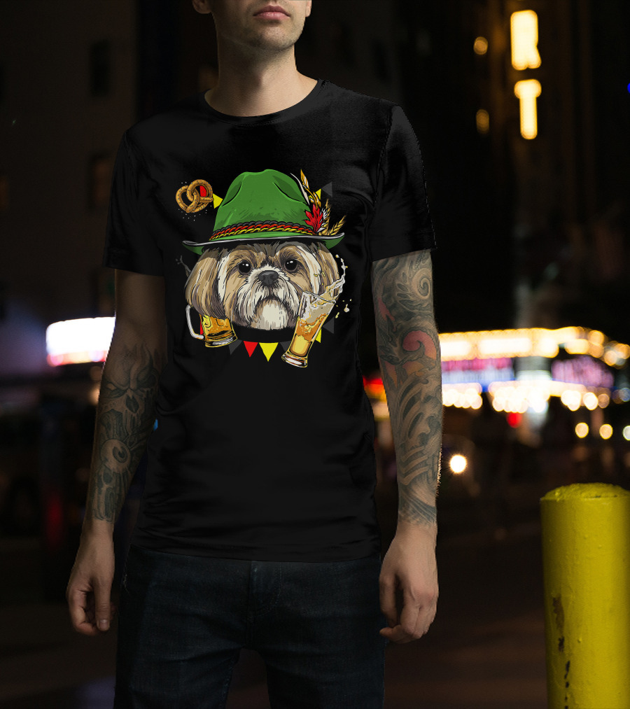 Shih Tzu Oktoberfest Dog With Lederhosen Hat And Beer German Pretzel T-Shirt