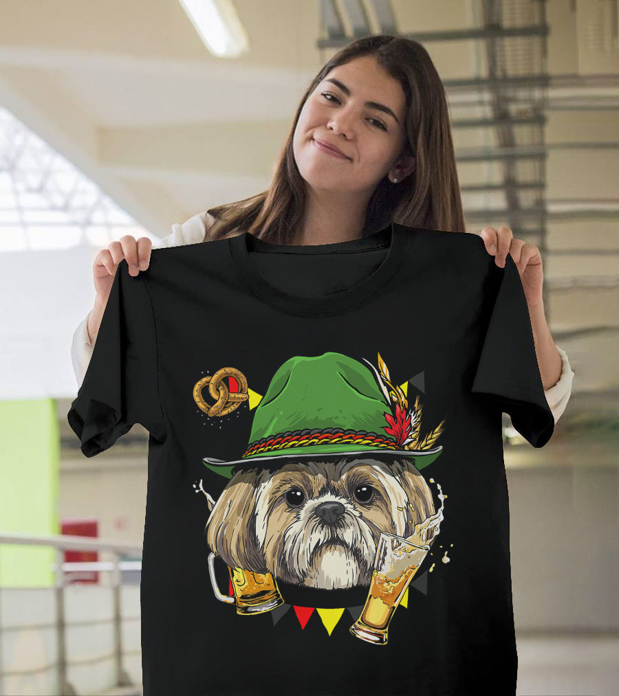 Shih Tzu Oktoberfest Dog With Lederhosen Hat And Beer German Pretzel T-Shirt