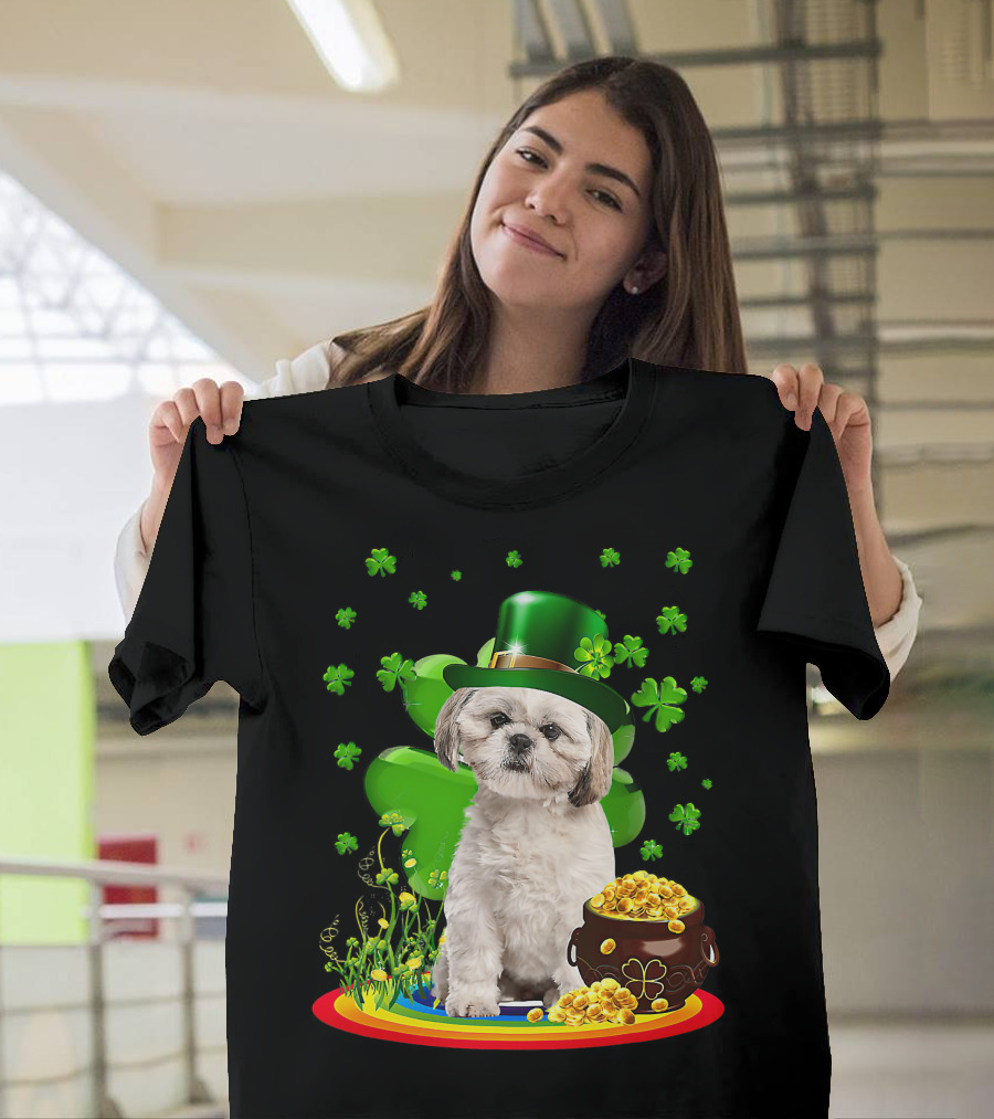 Shih Tzu Irish Shamrock St Patricks Day Lover with Pot of Gold T-Shirt