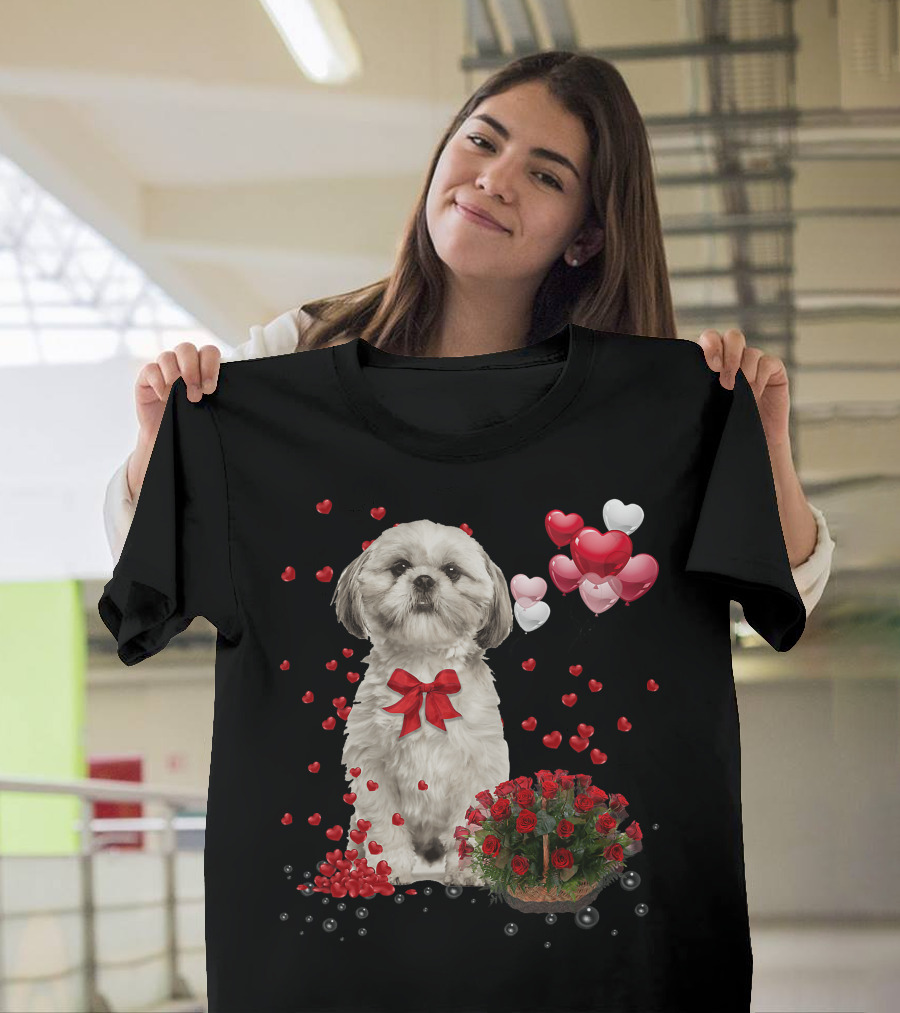 Shih Tzu Valentines Day Funny Dog Lover Happy Vale Roses Hearts Balloons T-Shirt